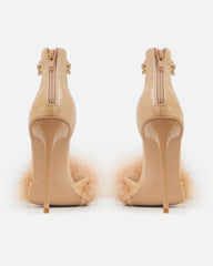 Saphire Nude Faux Snake Fluffy Heeled Sandals With Chains