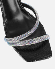Maella Black Faux Snake Diamante Heeled Sandals