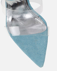 Sonya Blue Denim Frayed Spiral Heeled Sandals