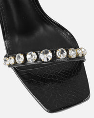 Shivi Black Faux Snake Diamante Heeled Sandals