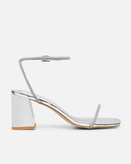 Ciel Silver Mirror Diamante Low Block Heeled Sandals