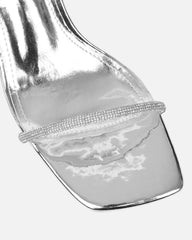 Ciel Silver Mirror Diamante Low Block Heeled Sandals