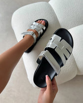 Adelle Silver Chunky Velcro Strap Flat Sandals
