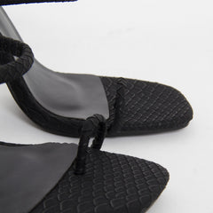 Cyan Black Snake Toe Loop Slim Block Heels