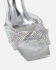 Veena Clear Silver Metallic Diamante Block Heeled Sandals