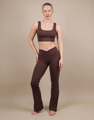 Cleo Ruched Front Flared Leggings In Brown