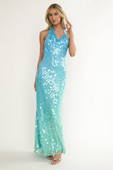 Kirralee Asymmetric Halterneck Sequin Maxi Dress Blue Multi