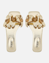 Gilly Gold Metallic Flower Detail Flat Sandals