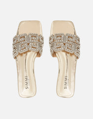 Rania Gold Mirror Diamante Patterned Flat Sandals