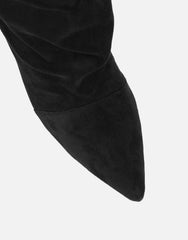 Cotton Black Suede Ruched Heeled Boots