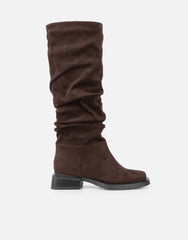 Amrose Brown Suede Ruched Heeled Boots