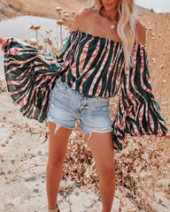 Duet Printed Off The Shoulder Bell Sleeve Top