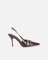 Marika Chocolate Patent Buckle Detail Slingback Courts
