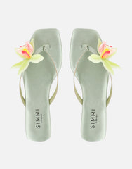 Hannah Green Satin Flower Detail Flat Sandals