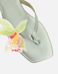 Hannah Green Satin Flower Detail Flat Sandals