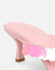 Dixy Pink Sequin Strap Square Toe Heeled Mules