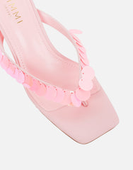 Dixy Pink Sequin Strap Square Toe Heeled Mules