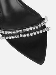 Isha Black Satin Diamante Mules