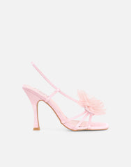 Lulu Pink Satin Mesh Flower Heeled Sandals
