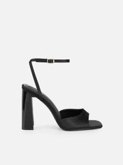 Jeena Black Satin Block Heeled Sandals