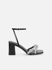 Meave Black Patent Diamante Block Heeled Sandals