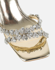 Meave Gold Mirror Diamante Block Heeled Sandals