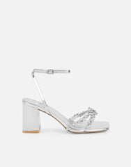 Meave Silver Mirror Diamante Block Heeled Sandals