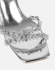 Meave Silver Mirror Diamante Block Heeled Sandals