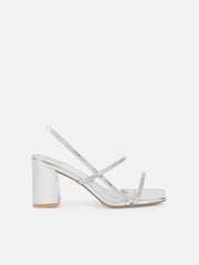 Mayaa Silver Mirror Diamante Slingback Block Heeled Sandals