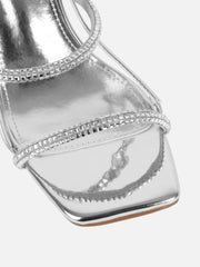Mayaa Silver Mirror Diamante Slingback Block Heeled Sandals