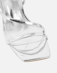 Manzi Silver Mirror Strappy Block Heeled Sandals