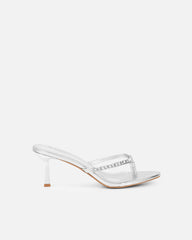Sheen Silver Metallic Diamante Toe Post Heeled Sandals