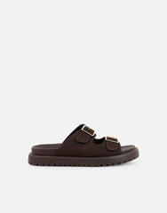 Jesselyn Brown Suede Buckle Chunky Flat Sandals