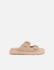 Jesselyn Beige Suede Buckle Chunky Flat Sandals