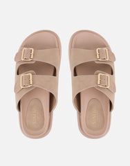 Jesselyn Beige Suede Buckle Chunky Flat Sandals