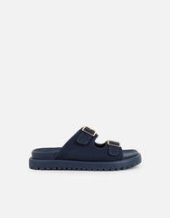 Jesselyn Navy Suede Buckle Chunky Flat Sandals