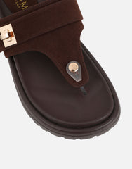 Makky Brown Suede Toe Post Embellished Chunky Flats