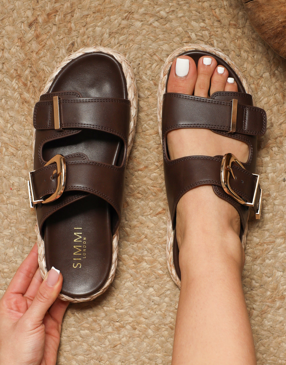 Nancy Brown Buckle Raffia Chunky Outsole Flats
