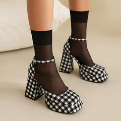 Fabric Thick-Soled Buckle High Heels