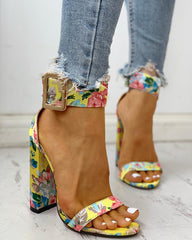 Contrast Color Snakeskin Buckled Chunky Heeled Sandals