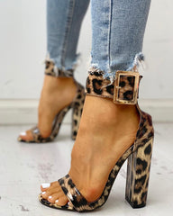 Contrast Color Snakeskin Buckled Chunky Heeled Sandals