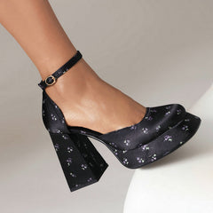 Fabric Thick-Soled Buckle High Heels