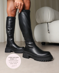 Mon Black Stretch Knee High Chunky Boots
