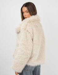 Arabella Oversized Collar Premium Faux Fur Coat in Beige