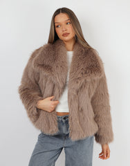 Arabella Oversized Collar Premium Faux Fur Coat in Mocha