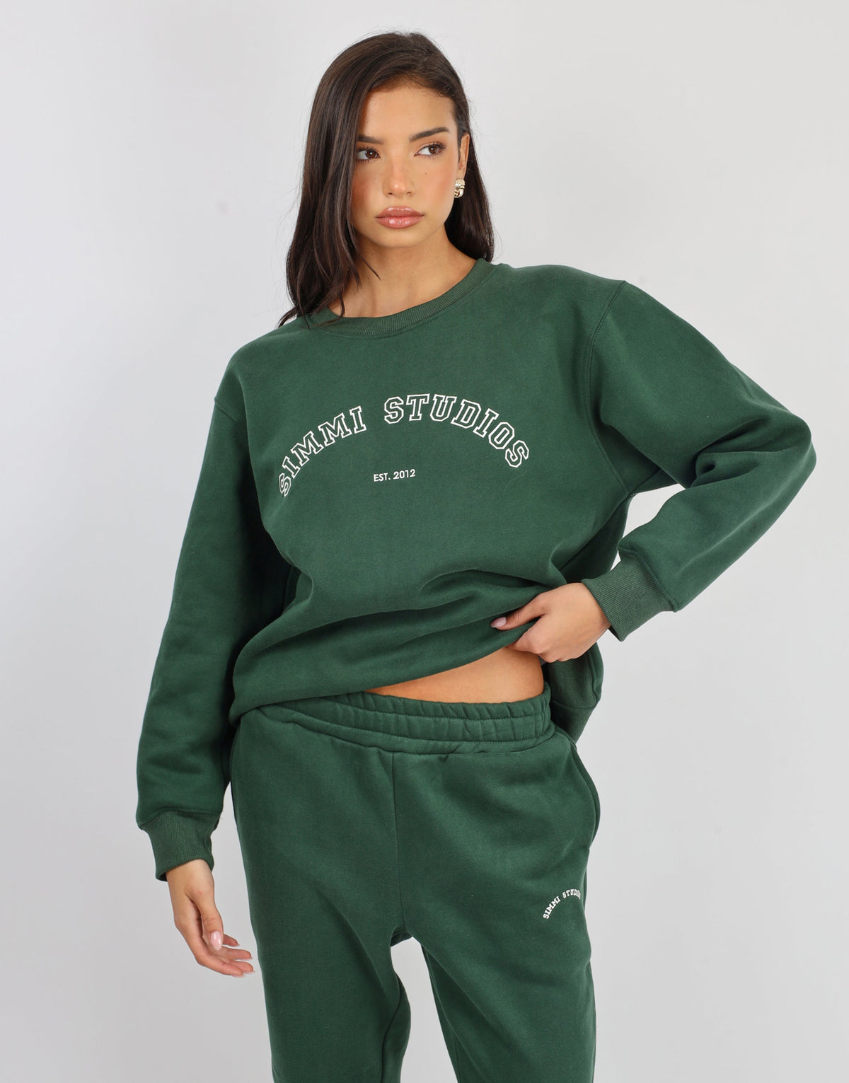Ashby Simmi Studios Varsity Slogan Sweatshirt in Pine Green