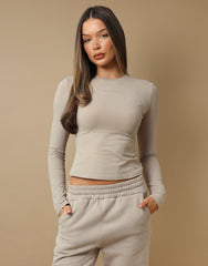 Olivia Long Sleeve Soft Cotton T-Shirt In Stone
