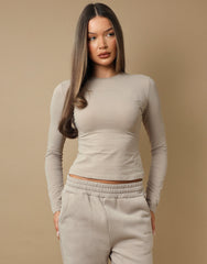 Olivia Long Sleeve Soft Cotton T-Shirt In Stone