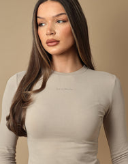 Olivia Long Sleeve Soft Cotton T-Shirt In Stone