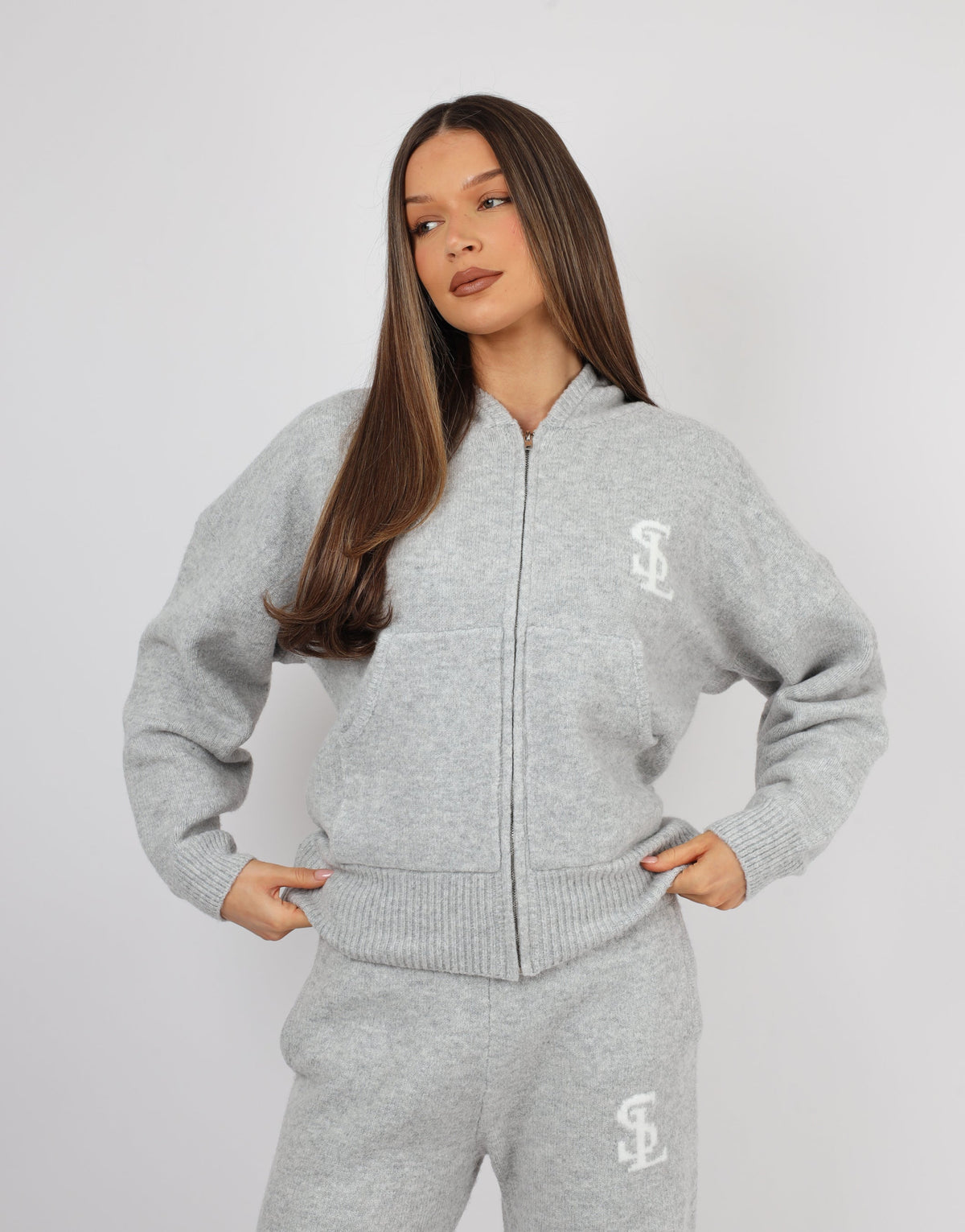 Romy Simmi Studios Chunky Knit Hoodie In Light Grey